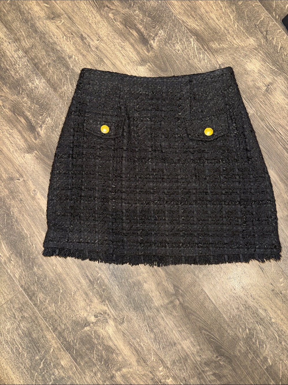 Express Black Tweed Mini Skirt with Gold Buttons